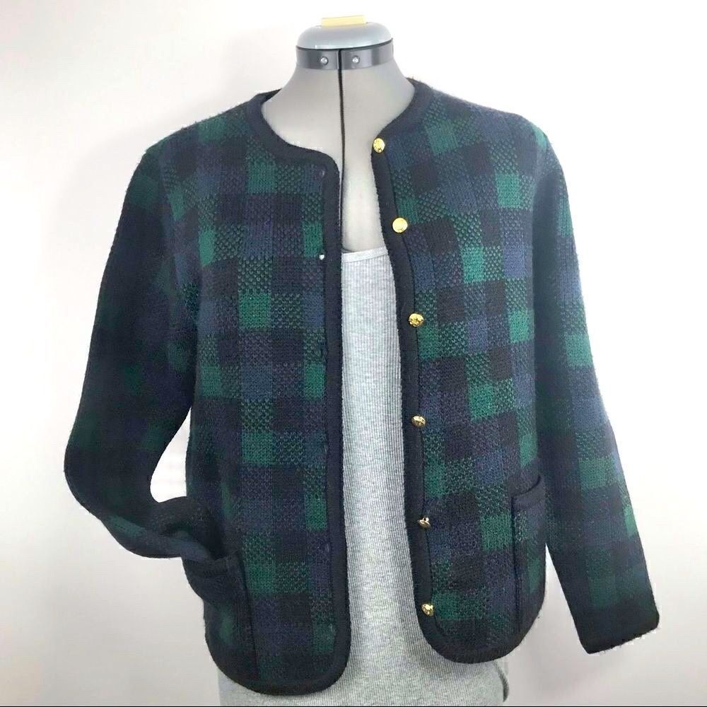 Crystal-Kobe early 2000’s Navy and Green Plaid Soft Knit Blazer Jacket